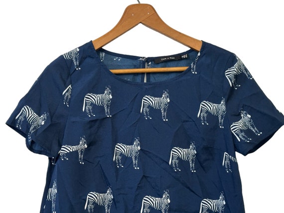 Zebra Blouse Casual Dress Top for Women Navy Blue White Short Sleeve Keyhole Back Size Large Womens