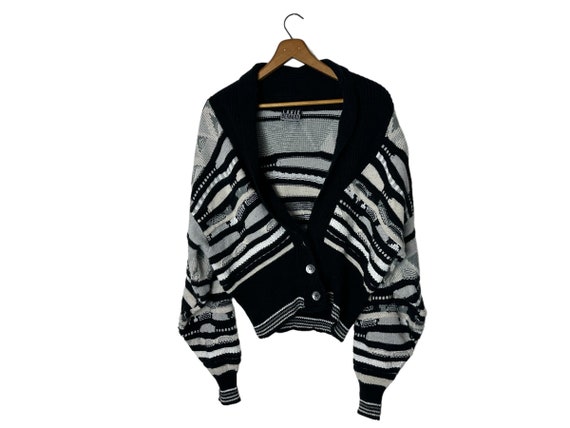 Vintage Coogi Style 3D Textured V Neck Cardigan Sweater Shawl Collar 3-Button Black and White Made in USA Women's Small