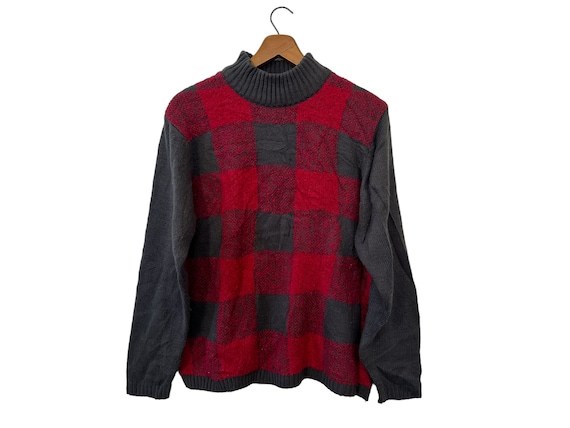Vintage South Bay Checkered Plaid Knit Pullover Sweater Christmas Lumberjack Mock Turtle Neck Long Sleeves Red Gray Size Large