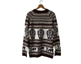 Vintage Aztec Fair Isle Pullover Sweater Brown White Long Sleeve Women's Large South American Pattern Sweater - Has Defects