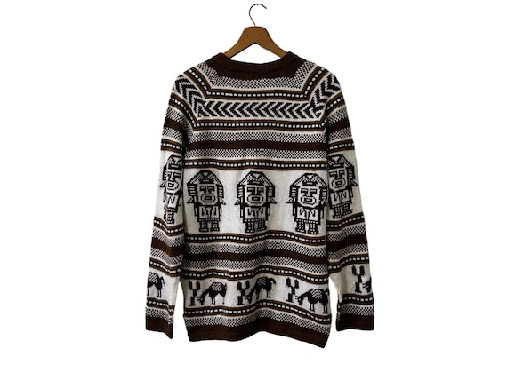Vintage Aztec Fair Isle Pullover Sweater Brown White Long Sleeve Women's Large South American Pattern Sweater - Has Defects