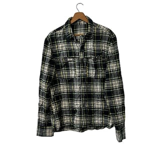 Vintage Classic Green White Plaid Flannel Button Down with Wide Open Front Pockets Green Navy Black White and Yellow Size Medium