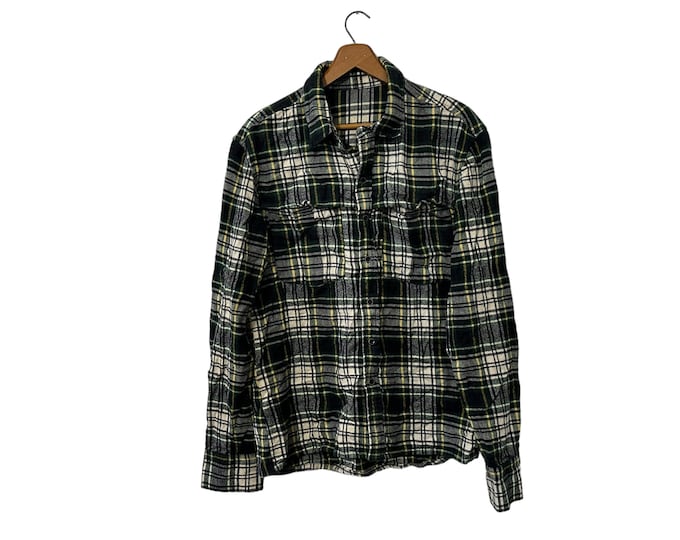 Vintage Classic Green White Plaid Flannel Button Down with Wide Open Front Pockets Green Navy Black White and Yellow Size Medium