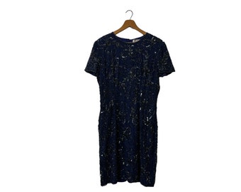 Vintage Beaded Adrianna Papell Silk Evening Dress Cut Out Back Sequins Floral Design Dark Blue Short Sleeve Zip Back Women's Size 12