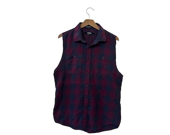 Ärmelloses Flanellhemd Burgund Marine Karo Karo Kurzarm Button Up Shirt Grunge Mode Größe S