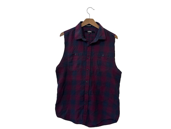 Sleeveless Flannel Shirt Burgundy Navy Checked Plaid Short Sleeve Button Up Shirt Grunge Fashion Size Small