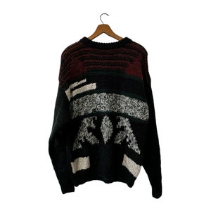 80&#39;s Abstract Patterned Knit Oversized Pullover Sweater Green Black Red White Unisex Adult Medium