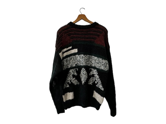 80's Abstract Patterned Knit Oversized Pullover Sweater Green Black Red White Unisex Adult Medium