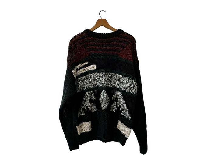 80's Abstract Patterned Knit Oversized Pullover Sweater Green Black Red White Unisex Adult Medium