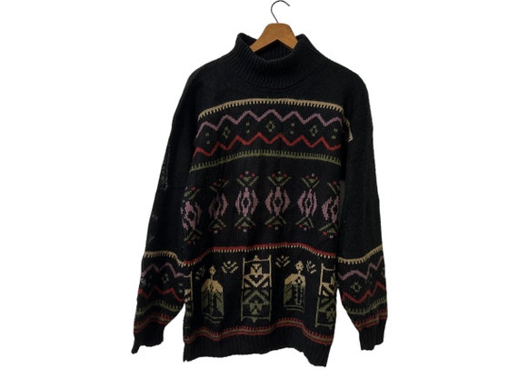 Clifton Place Knits Vintage Tribal Print Mock Neck Pullover Sweater Black Purple Beige Olive Red Unisex Large Made in USA