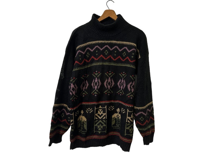 Clifton Place Knits Vintage Tribal Print Mock Neck Pullover Sweater Black Purple Beige Olive Red Unisex Large Made in USA