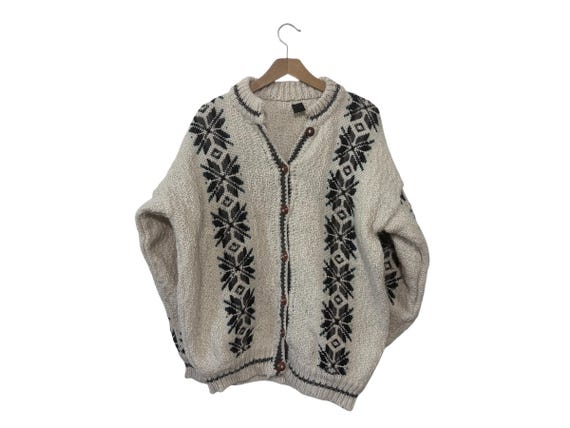 Vintage Womens South American Thick Wool Knit Cardigan Sweater Winter Snowflake Pattern Medium