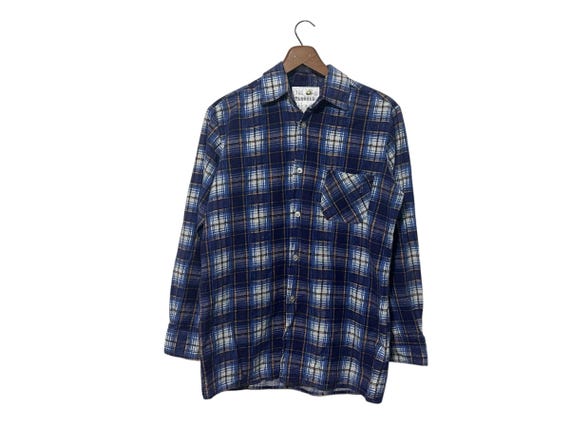 80s Distressed Flannel Shirt Vintage Blue White Navy Gold Plaid Mens Small Worn Cotton Blend Flannel