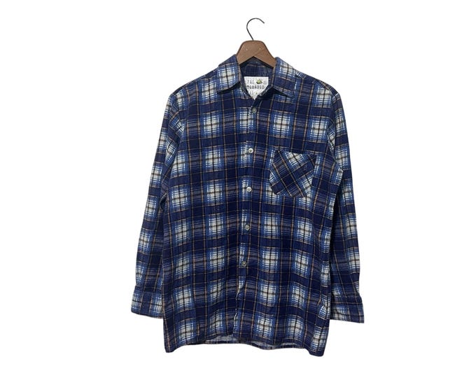 80s Distressed Flannel Shirt Vintage Blue White Navy Gold Plaid Mens Small Worn Cotton Blend Flannel