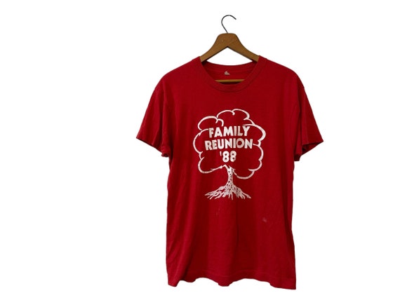 1988 Vintage Detroit Family Reunion Tree of Life Graphic T-Shirt Red White Distressed 80s Tee Adult Size Medium