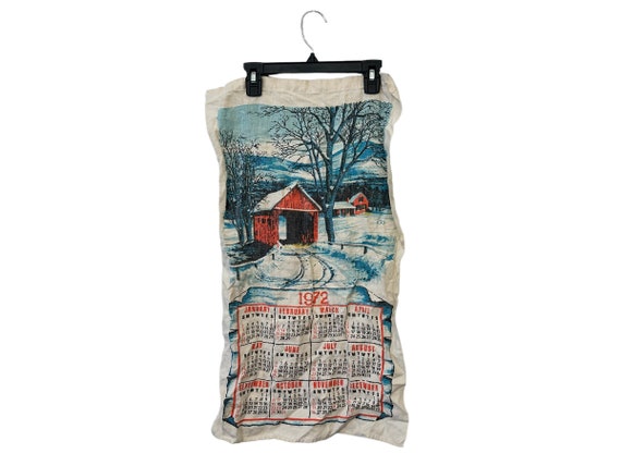 Vintage 1972 Fabric Calendar Tapestry Winter Scene Tea Kitchen Towel Size 27" L x 15.5" W