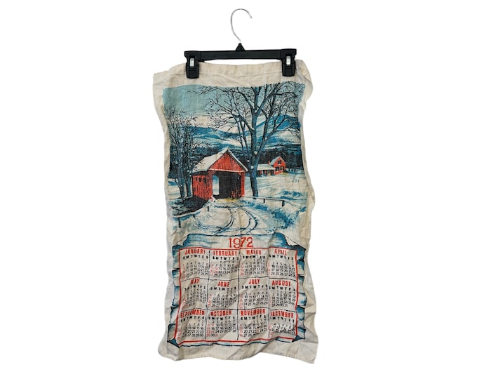 Vintage 1972 Fabric Calendar Tapestry Winter Scene Tea Kitchen Towel Size 27" L x 15.5" W