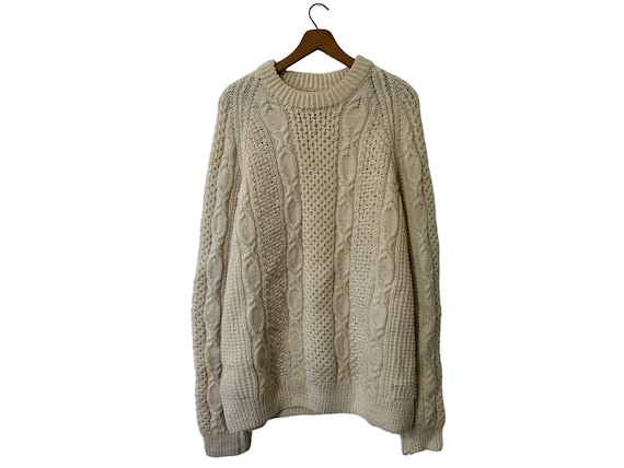 Vintage Cable Knit Pullover Fisherman Sweater Cream Off-White Unisex XL Long