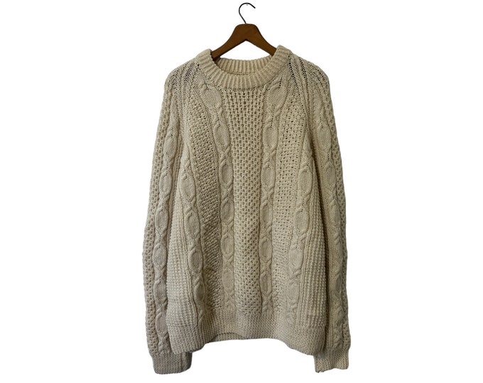 Vintage Cable Knit Pullover Fisherman Sweater Cream Off-White Unisex XL Long