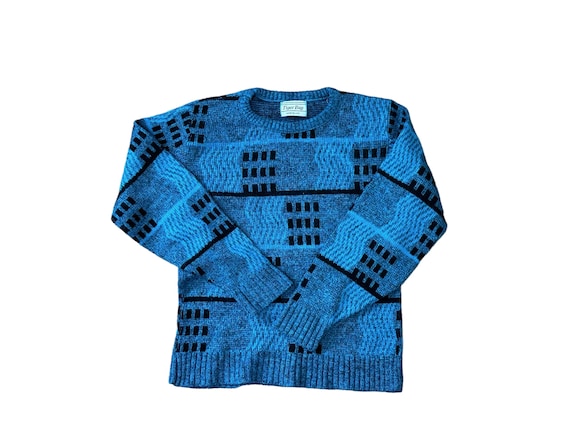 Kids 90's Vintage Abstract Patterned Pullover Sweater Bright Blue & Black Long Sleeve Crew Neck Boy's Medium (10-12) Made in USA