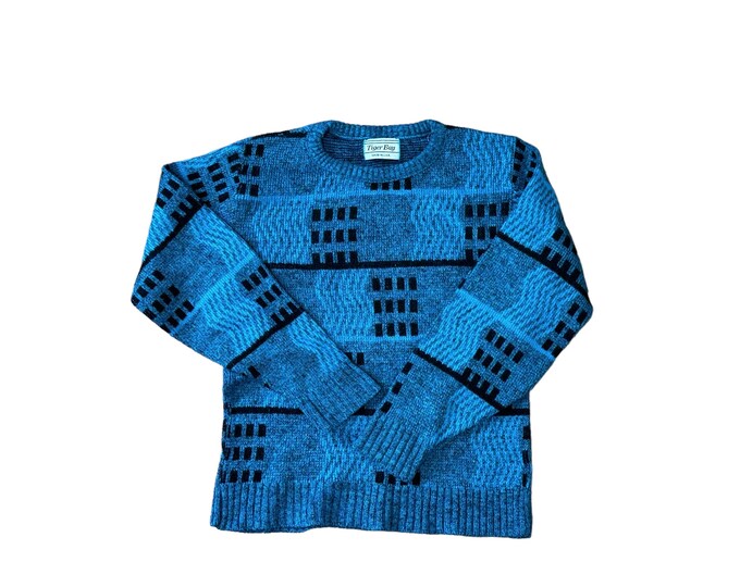 Kids 90's Vintage Abstract Patterned Pullover Sweater Bright Blue & Black Long Sleeve Crew Neck Boy's Medium (10-12) Made in USA
