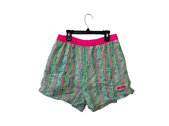 Vintage 80s Swim Trunks Patterned Beach Casual Athletic Shorts Neon Pink Yellow Teal Drawstring with Pockets Made in USA Size Small Men