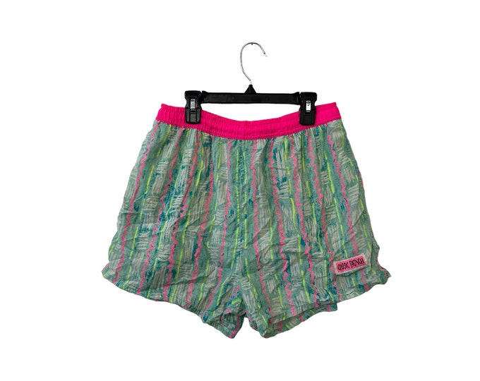 Vintage 80s Swim Trunks Patterned Beach Casual Athletic Shorts Neon Pink Yellow Teal Drawstring with Pockets Made in USA Size Small Men
