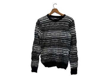 Grayscale Fair Isle Knit Pullover Sweater Horizontal Pattern Black White Gray Size Women's Small