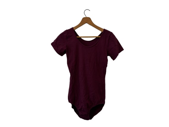 Wine Colored Vintage Leotard Body Suit Gymnastics Dark Maroon Burgundy Round Neck Short Sleeve Womens Size Medium Large