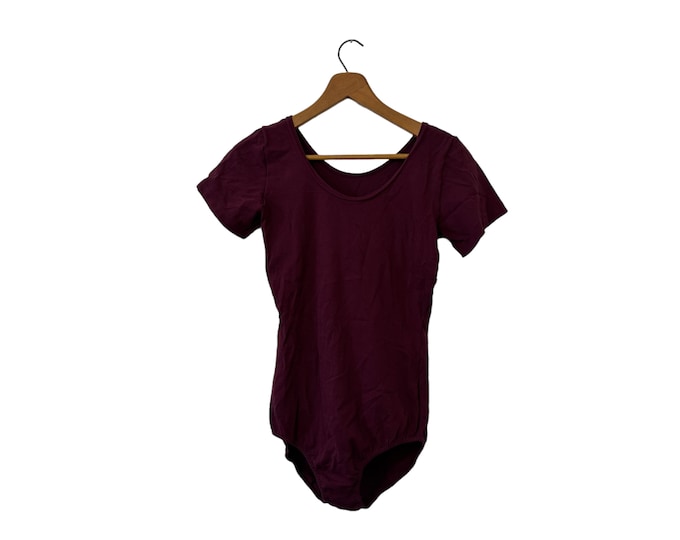 Wine Colored Leotard Body Suit Gymnastics Dark Maroon Burgundy Round Neck Short Sleeve Vintage Womens Size Medium Large