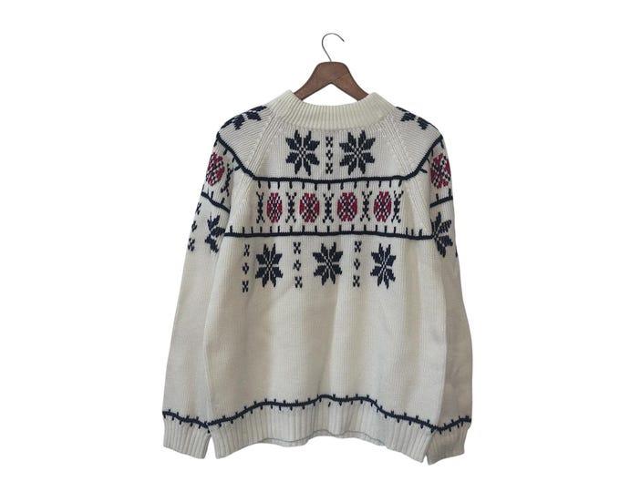 1970's Ski Sweater Vintage JC Penney White Red Blue Acrylic Sweater Size Medium