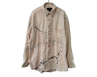 Paint Splattered Light Pink Faded Flannel with Black Paint Oversized Large Tall Shirt