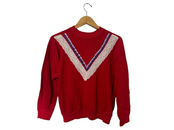 Vintage Sweetheart Lace & Ribbon Red Sweatshirt Crew Neck Long Sleeve Women's Medium