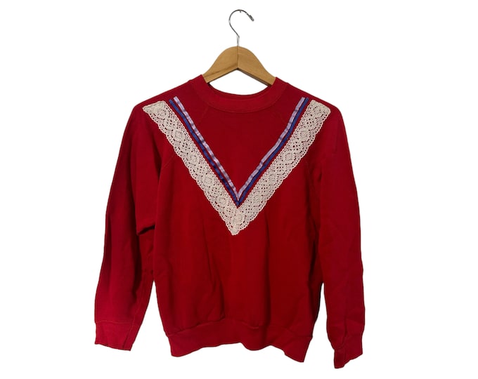 Vintage Sweetheart Lace & Ribbon Red Sweatshirt Crew Neck Long Sleeve Women's Medium