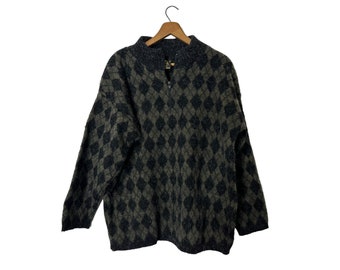 Vintage Tejidos Ruminahui Authentic Cozy Loose Fit Wool Made in Ecuador Half Zip Pullover Diamond Pattern Black Brown Sweater Men's Large XL