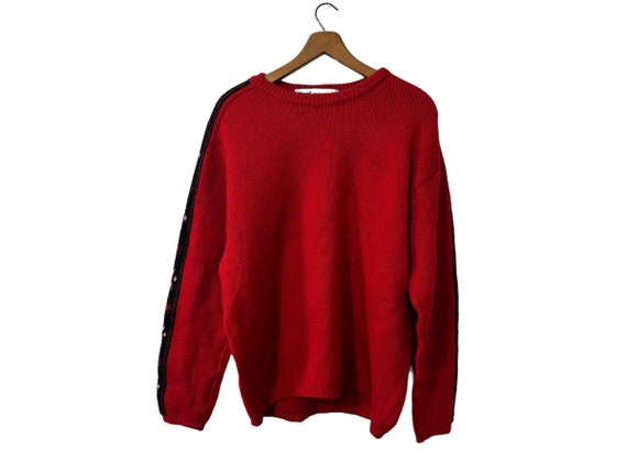 Vintage 70s 80s UTZA Sport Fashions Pure Wool Pullover Sweater Western Germany Red Black White Down Sleeve Unisex Oversized Medium