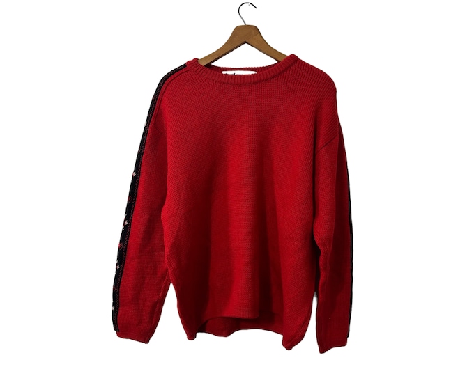 Vintage 70s 80s UTZA Sport Fashions Pure Wool Pullover Sweater Western Germany Red Black White Down Sleeve Unisex Oversized Medium