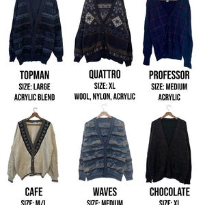 May include: Six different cardigans hang on wooden hangers. The cardigans are in various colors and patterns, including navy, brown, and beige. The text on the image includes the names "TOPMAN", "QUATTRO", "PROFESSOR", "CAFE", "WAVES", and "CHOCOLATE".