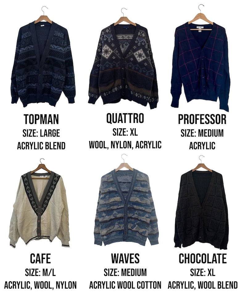 May include: Six different cardigans hang on wooden hangers. The cardigans are in various colors and patterns, including navy, brown, and beige. The text on the image includes the names "TOPMAN", "QUATTRO", "PROFESSOR", "CAFE", "WAVES", and "CHOCOLATE".