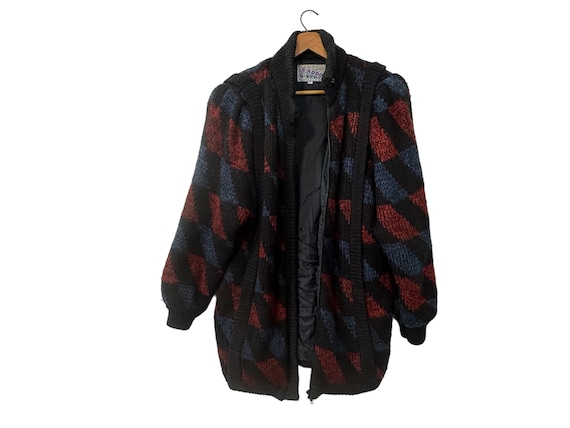 1980s Vintage Abstract Diagonal Color Block Knit Jacket Black Red Blue Long Sleeve Zip-Up by G-4000 Oversized Lined Coat Women's Small