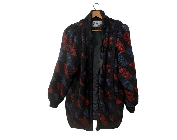 1980s Vintage Abstract Diagonal Color Block Knit Jacket Black Red Blue Long Sleeve Zip-Up by G-4000 Oversized Lined Coat Women's Small