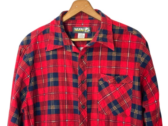 80's Vintage Red Blue Plaid Flannel Shirt Button Down Long