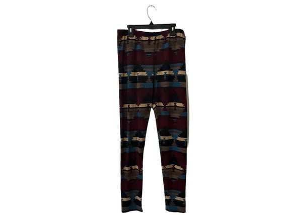 Southwestern Patterned Aztec Print Knit Stretch Leggings Burgundy Beige Brown Blue Black Boho Style Neutral Colors Women's Medium