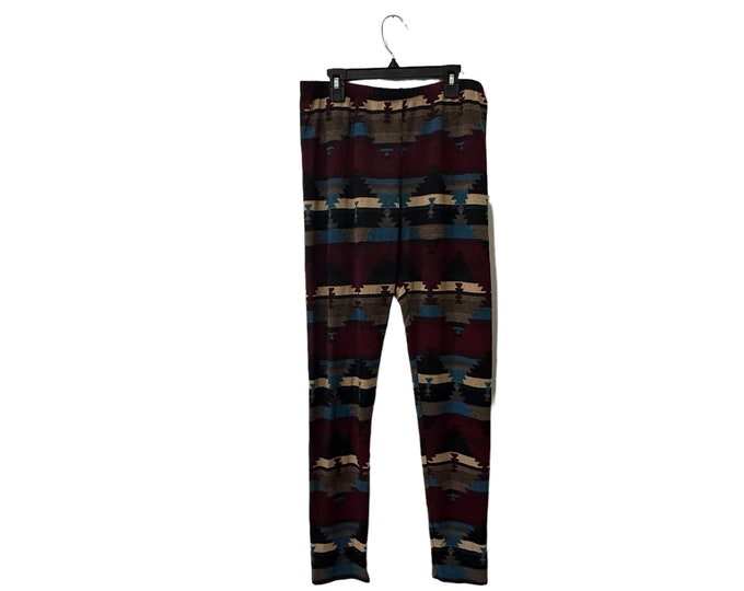 Southwestern Patterned Aztec Print Knit Stretch Leggings Burgundy Beige Brown Blue Black Boho Style Neutral Colors Women's Medium