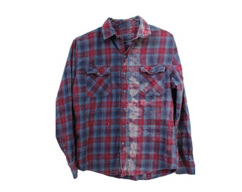 Acid Washed Vertical Ombre Grunge Flannel Shirt Unisex Medium Navy Blue Burgundy Red Cotton Bleach Dyed Shirt