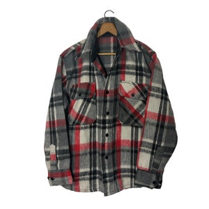 1970's Vintage Wool Blend Thick Plaid Flannel Shirt Shacket Long Sleeve Red Gray Black White Pockets Men's Large