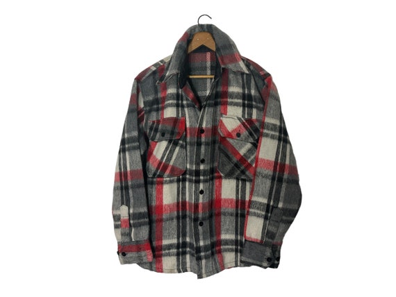 1970's Vintage Wool Blend Thick Plaid Flannel Shirt Shacket Long Sleeve Red Gray Black White Pockets Men's Large