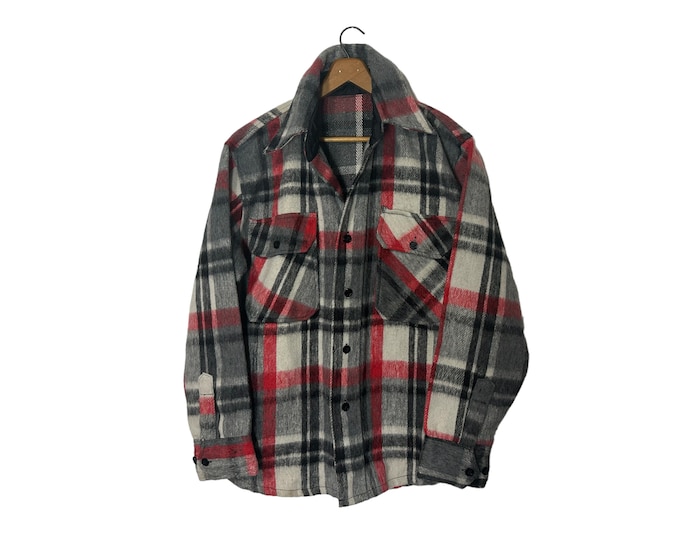 1970's Vintage Wool Blend Thick Plaid Flannel Shirt Shacket Long Sleeve Red Gray Black White Pockets Men's Large