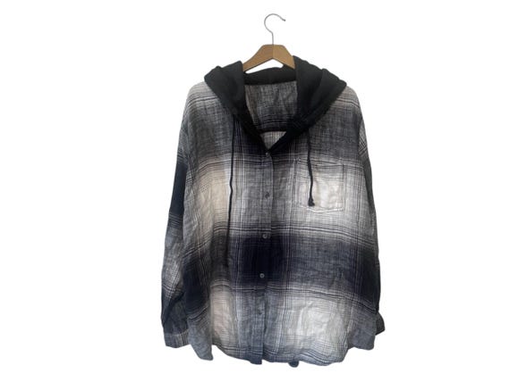 Comfy Hooded Flannel Shirt Black and White Grunge Plaid Soft Sweatshirt Hoodie XXL
