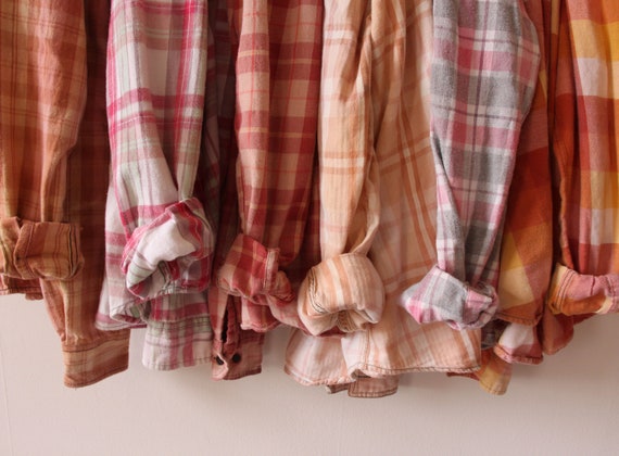 Hand Dyed Sun Bleached Flannel Shirt Faded Colors Pink Peach Blush Gold Tan Rust